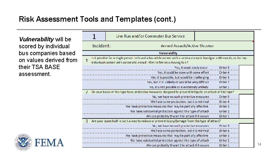 Risk Assessment Tools and Templates (cont. ) Vulnerability will be scored by individual bus
