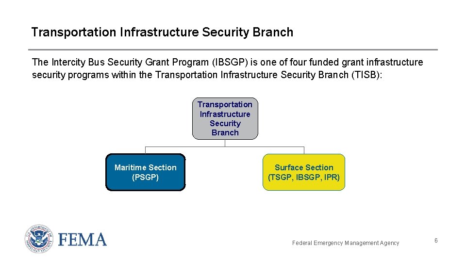 Overview Transportation Infrastructure Security Branch The Intercity Bus Security Grant Program (IBSGP) is one