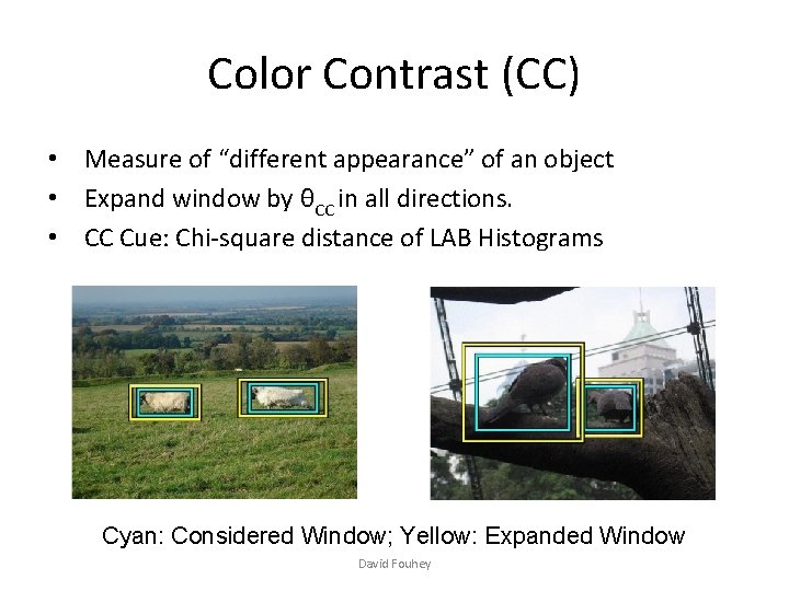 Color Contrast (CC) • Measure of “different appearance” of an object • Expand window