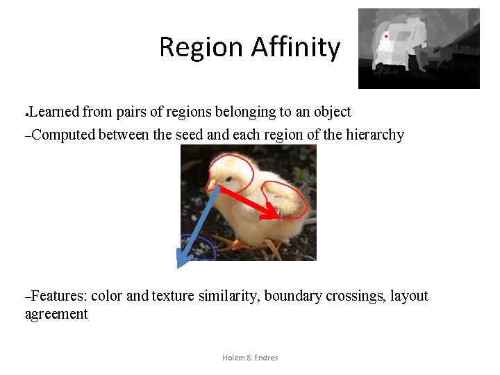Region Affinity Learned from pairs of regions belonging to an object –Computed between the