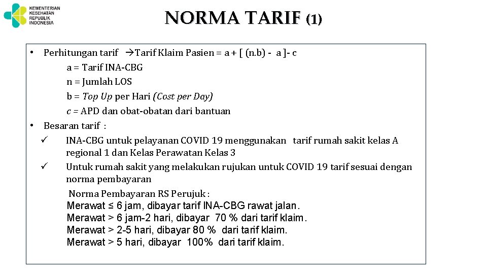 NORMA TARIF (1) • Perhitungan tarif Tarif Klaim Pasien = a + [ (n.