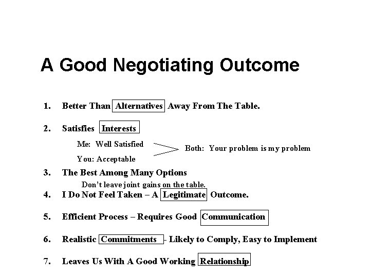 A Good Negotiating Outcome 1. Better Than Alternatives Away From The Table. 2. Satisfies