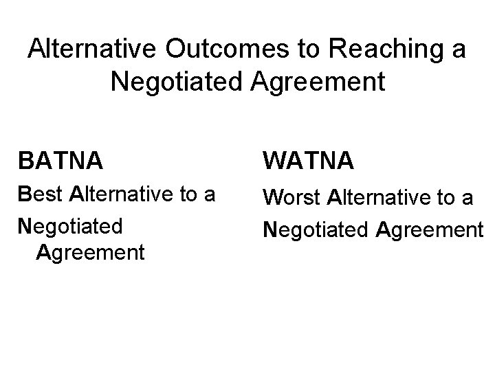 Alternative Outcomes to Reaching a Negotiated Agreement BATNA WATNA Best Alternative to a Negotiated