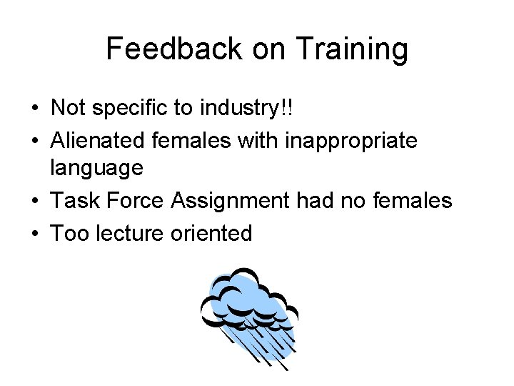 Feedback on Training • Not specific to industry!! • Alienated females with inappropriate language