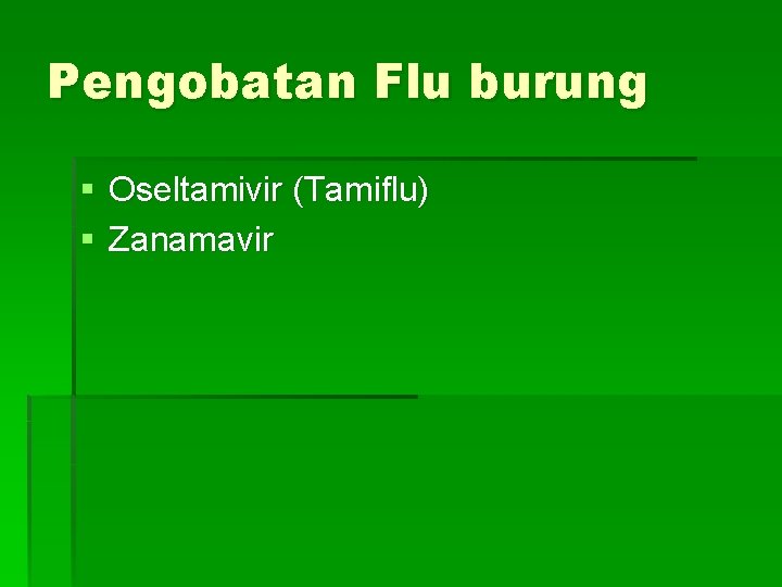 Pengobatan Flu burung § Oseltamivir (Tamiflu) § Zanamavir 