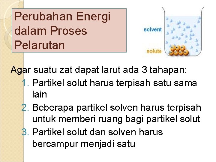 Perubahan Energi dalam Proses Pelarutan Agar suatu zat dapat larut ada 3 tahapan: 1.
