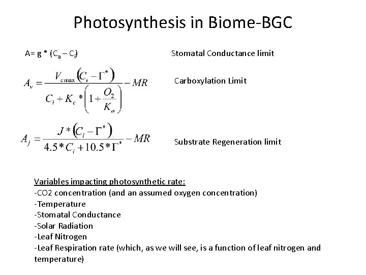 Photosynthesis in Biome-BGC A= g * (Ca – Ci) Stomatal Conductance limit Carboxylation Limit