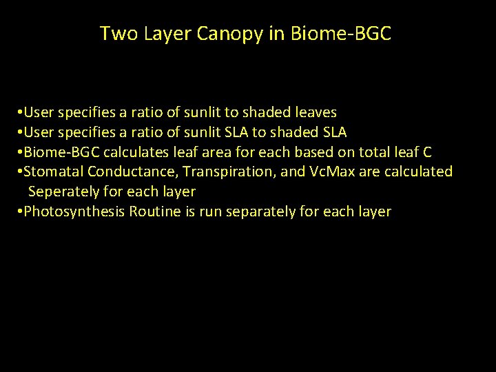 Two Layer Canopy in Biome-BGC • User specifies a ratio of sunlit to shaded