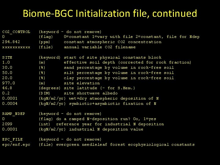 Biome-BGC Initialization file, continued CO 2_CONTROL 0 294. 842 xxxxxx (keyword - do not