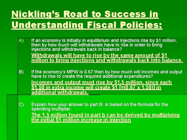 Nickling’s Road to Success in Understanding Fiscal Policies: A) If an economy is initially