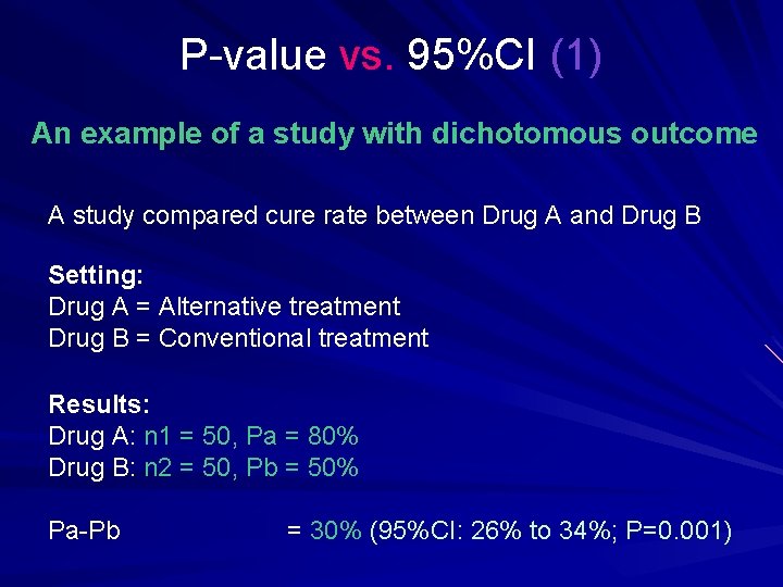 P-value vs. 95%CI (1) An example of a study with dichotomous outcome A study