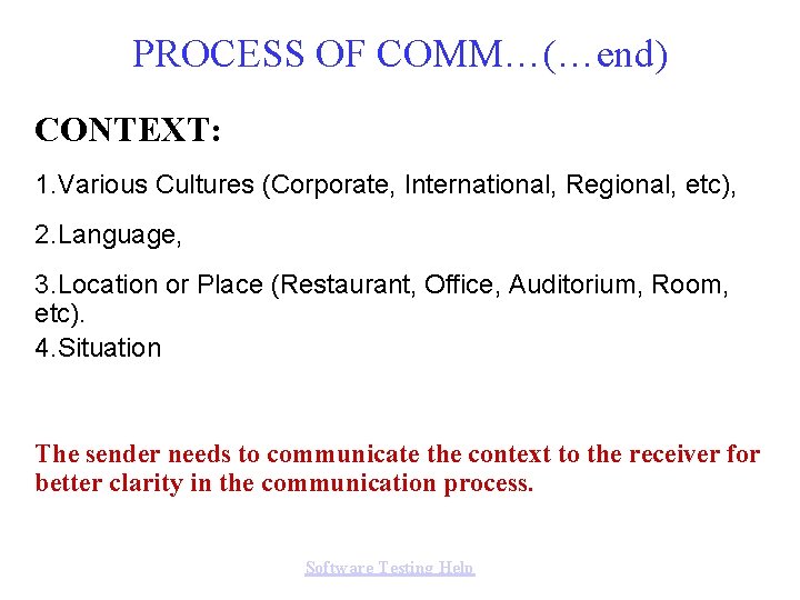 PROCESS OF COMM…(…end) CONTEXT: 1. Various Cultures (Corporate, International, Regional, etc), 2. Language, 3.