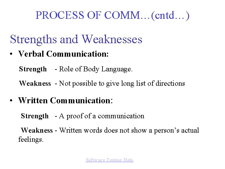 PROCESS OF COMM…(cntd…) Strengths and Weaknesses • Verbal Communication: Strength - Role of Body