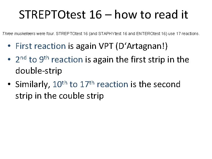 STREPTOtest 16 – how to read it Three musketeers were four. STREPTOtest 16 (and