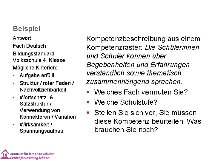 Beispiel Antwort: Fach Deutsch Bildungsstandard Volksschule 4. Klasse Mögliche Kriterien: • Aufgabe erfüllt •