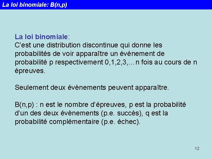 La loi binomiale: B(n, p) La loi binomiale: C’est une distribution discontinue qui donne