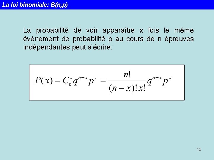La loi binomiale: B(n, p) La probabilité de voir apparaître x fois le même