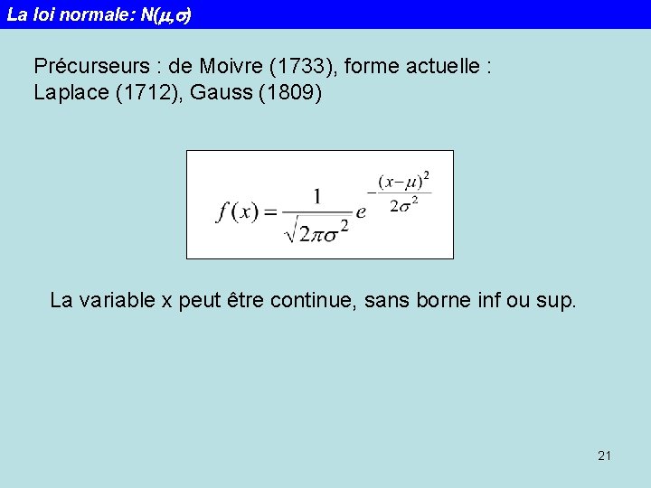 La loi normale: N(m, s) Précurseurs : de Moivre (1733), forme actuelle : Laplace