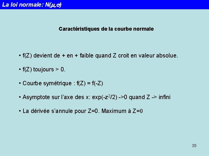 La loi normale: N(m, s) Caractéristiques de la courbe normale • f(Z) devient de