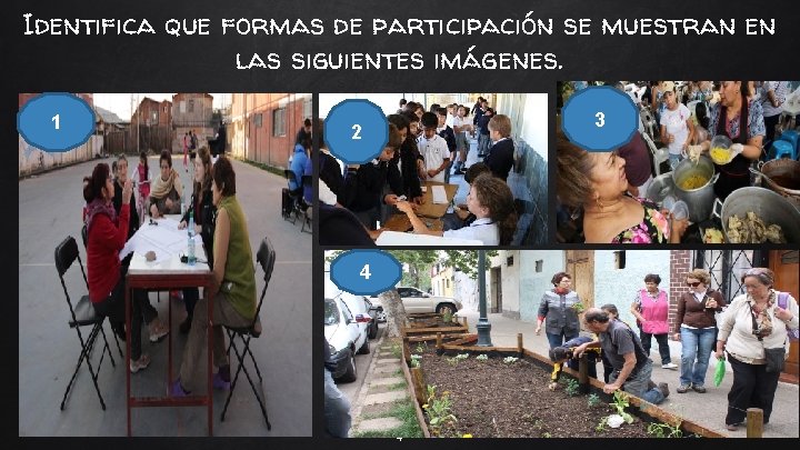 Identifica que formas de participación se muestran en las siguientes imágenes. 1 3 2 Identifica que formas de participación se muestran en las siguientes imágenes. 1 3 2