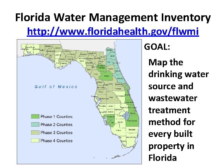 Florida Water Management Inventory http: //www. floridahealth. gov/flwmi GOAL: Map the drinking water source