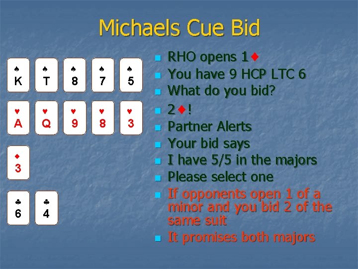 Michaels Cue Bid n K T 8 7 5 n n A Q 9