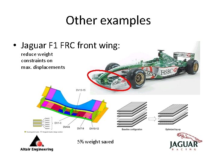 Other examples • Jaguar F 1 FRC front wing: reduce weight constraints on max.