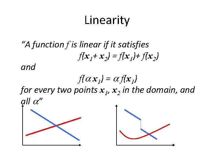 Linearity “A function f is linear if it satisfies f(x 1+ x 2) =