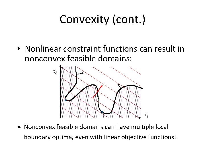 Convexity (cont. ) • Nonlinear constraint functions can result in nonconvex feasible domains: x