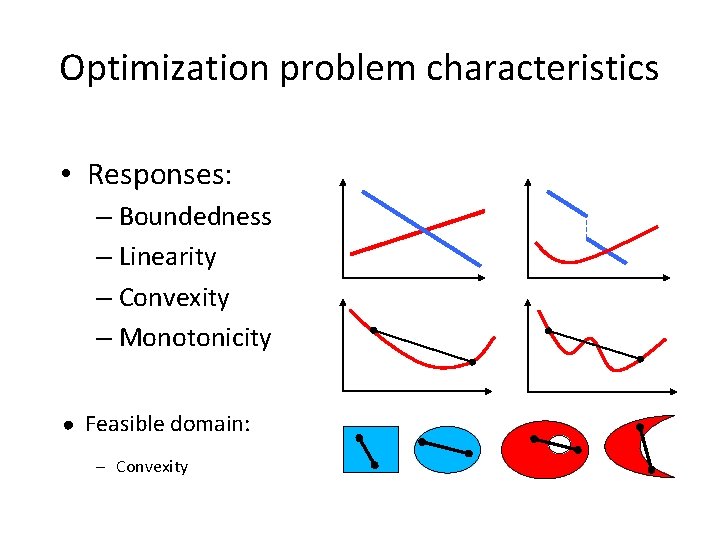 Optimization problem characteristics • Responses: – Boundedness – Linearity – Convexity – Monotonicity ●