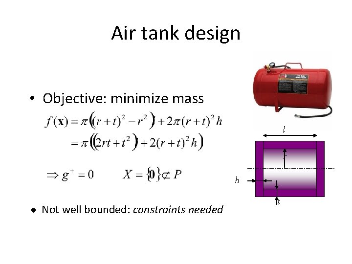 Air tank design • Objective: minimize mass l r h ● Not well bounded: