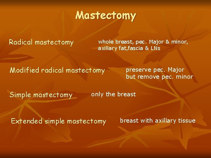 Mastectomy Radical mastectomy whole breast, pec. Major & minor, axillary fat, fascia & LNs