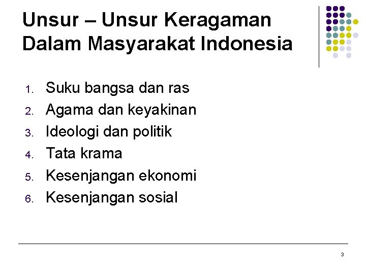 Unsur – Unsur Keragaman Dalam Masyarakat Indonesia 1. 2. 3. 4. 5. 6. Suku