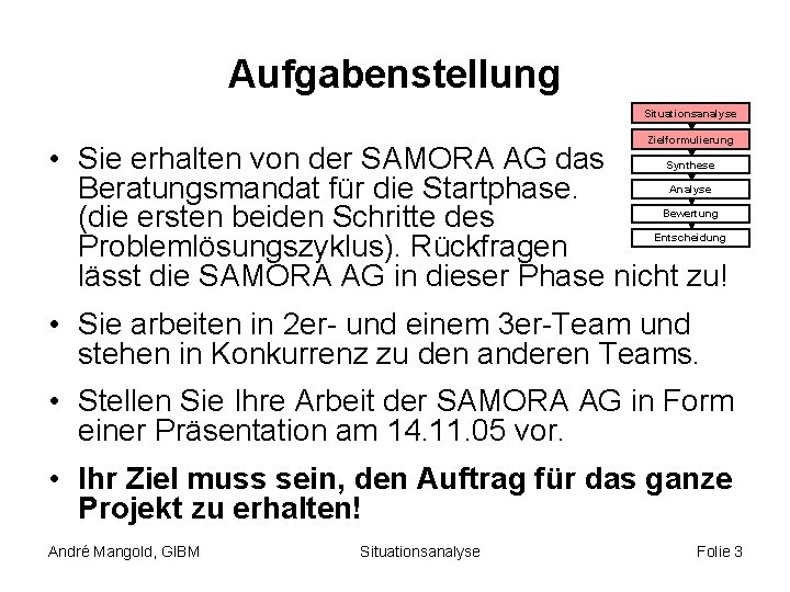 Aufgabenstellung Situationsanalyse Zielformulierung • Sie erhalten von der SAMORA AG das Beratungsmandat für die