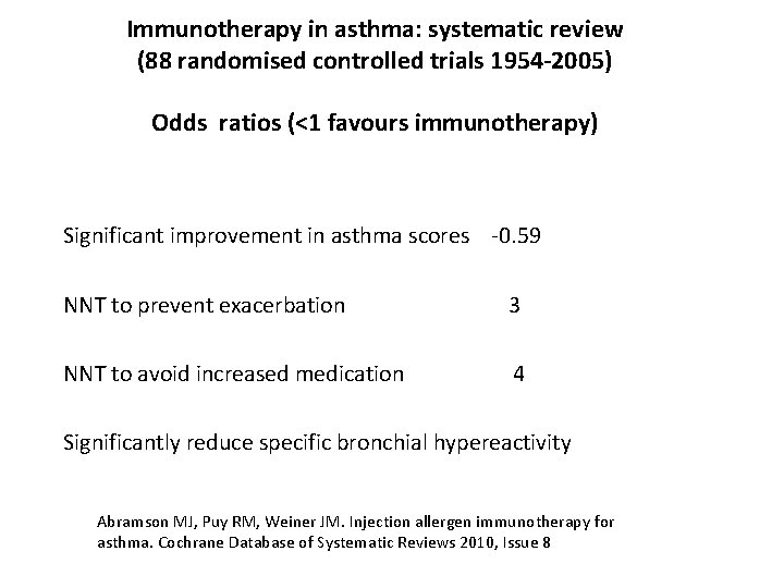 Immunotherapy in asthma: systematic review (88 randomised controlled trials 1954 -2005) Odds ratios (<1