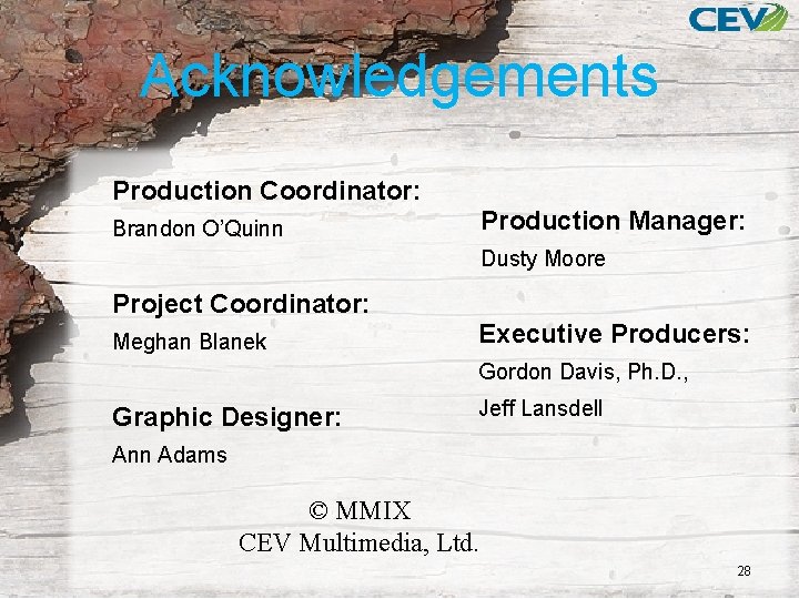 Acknowledgements Production Coordinator: Production Manager: Brandon O’Quinn Dusty Moore Project Coordinator: Meghan Blanek Executive