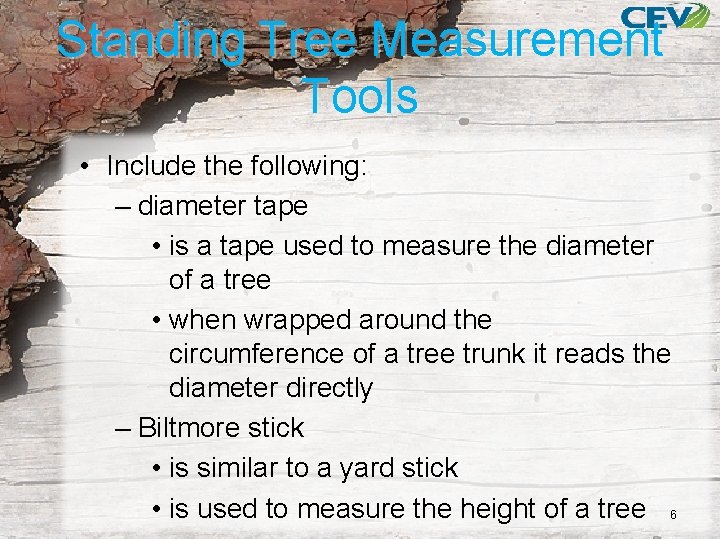 Standing Tree Measurement Tools • Include the following: – diameter tape • is a