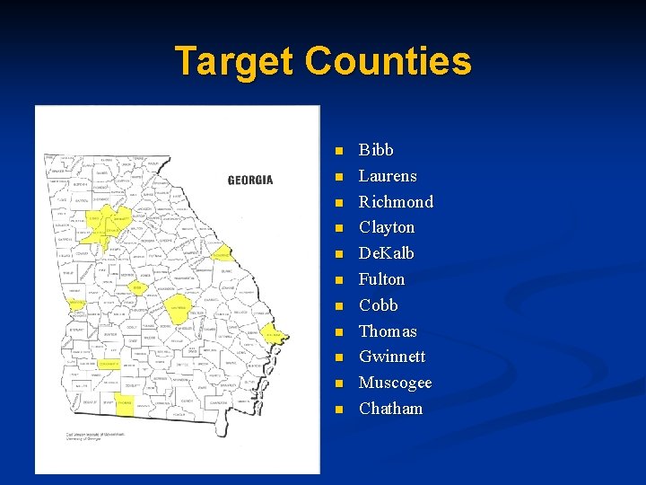 Target Counties n n n Bibb Laurens Richmond Clayton De. Kalb Fulton Cobb Thomas