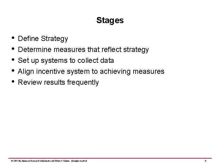 Stages • • • Define Strategy Determine measures that reflect strategy Set up systems