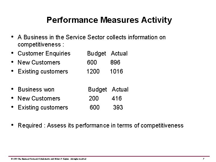 Performance Measures Activity • A Business in the Service Sector collects information on competitiveness