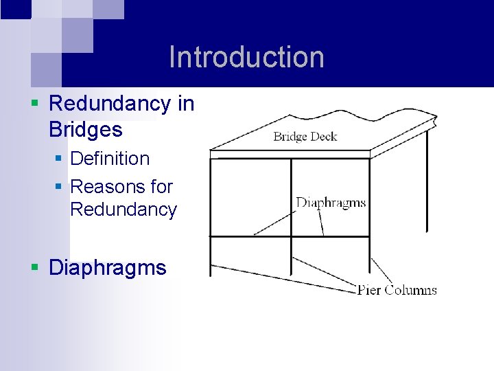 Introduction § Redundancy in Bridges § Definition § Reasons for Redundancy § Diaphragms 