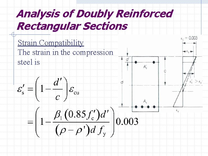 Analysis of Doubly Reinforced Rectangular Sections Strain Compatibility The strain in the compression steel