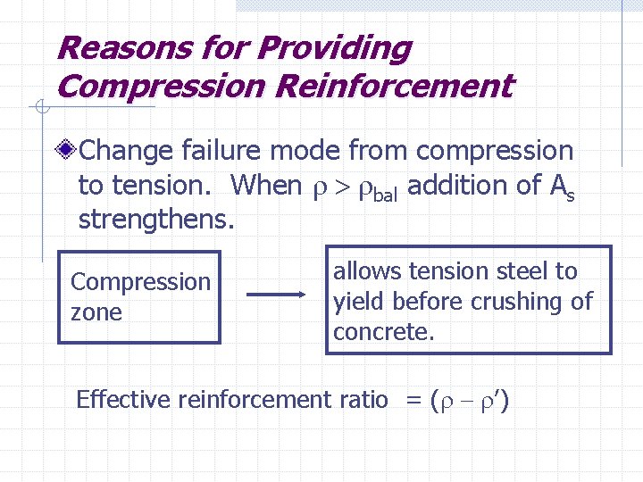 Reasons for Providing Compression Reinforcement Change failure mode from compression to tension. When r