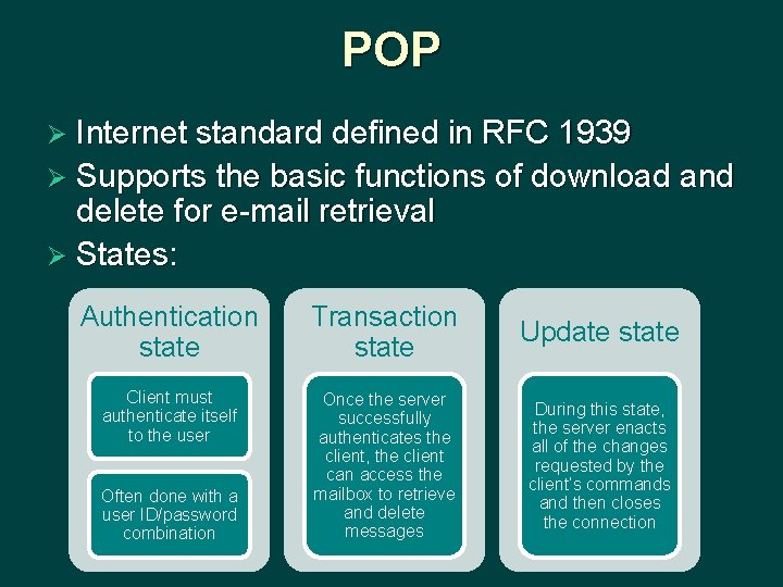 POP Ø Internet standard defined in RFC 1939 Ø Supports the basic functions of