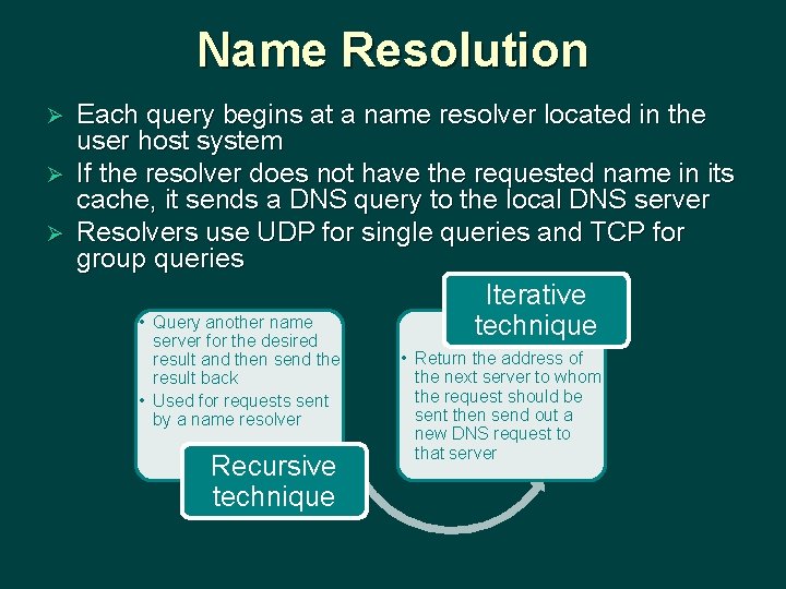 Name Resolution Each query begins at a name resolver located in the user host