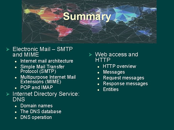 Summary Ø Electronic Mail – SMTP and MIME l l Ø Internet mail architecture