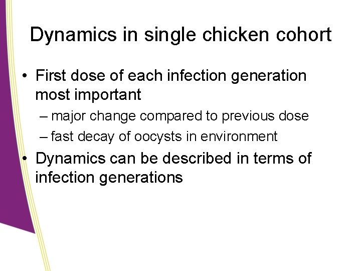 Dynamics in single chicken cohort • First dose of each infection generation most important