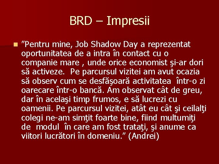 BRD – Impresii n ”Pentru mine, Job Shadow Day a reprezentat oportunitatea de a