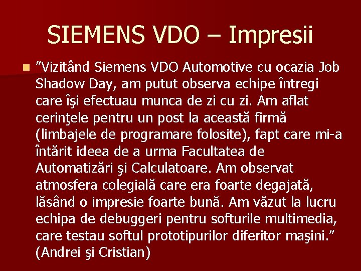 SIEMENS VDO – Impresii n ”Vizitând Siemens VDO Automotive cu ocazia Job Shadow Day,