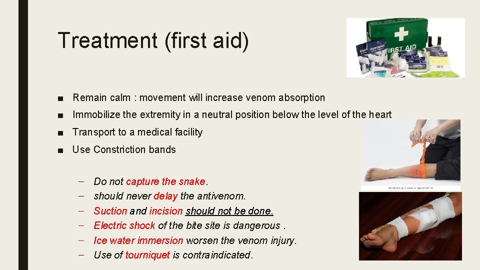 Treatment (first aid) ■ Remain calm : movement will increase venom absorption ■ Immobilize